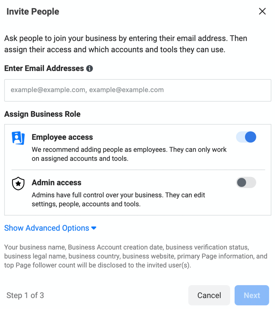 תמונה של מסך Invite People ב-Meta Business Manager