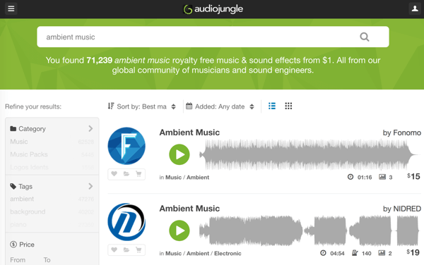 חפש בספרייה החזקה של AudioJungle של מוסיקה ושירים ללא תמלוגים החל מ -1 $.