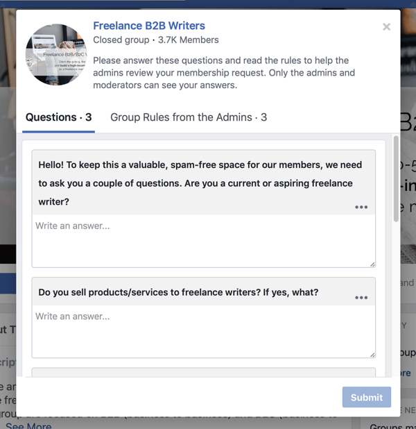 כיצד לשפר את קהילת קבוצות הפייסבוק שלך, דוגמה לשאלות חבר חדשות בקבוצת פייסבוק על ידי כותבי B2B פרילנסרים