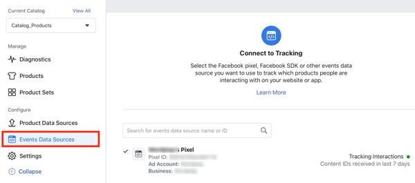 השתמש בכלי הגדרת האירועים של פייסבוק, שלב 24, אפשרות תפריט כדי לחבר את הפיקסל של פייסבוק לקטלוג שלך
