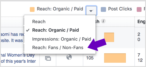 לחץ על החץ לצד Reach: אורגני / בתשלום בתובנות דף הפייסבוק שלך.
