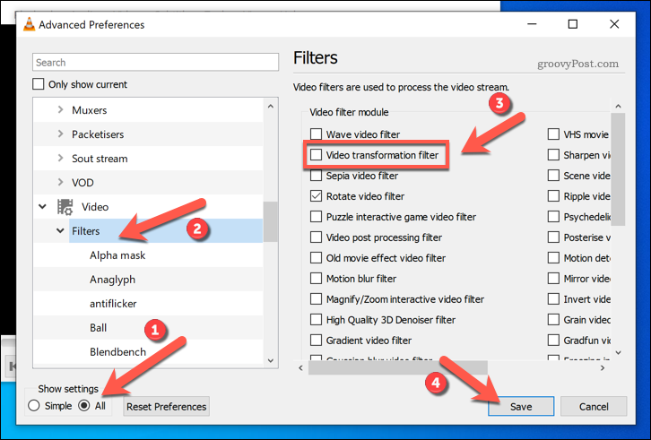 הפעלת פילטרים לשינוי וידאו ב- VLC ב- Windows