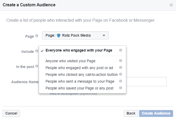 צור קהלים מותאמים אישית על בסיס אנשים שקיימו אינטראקציה עם עמוד הפייסבוק שלך.