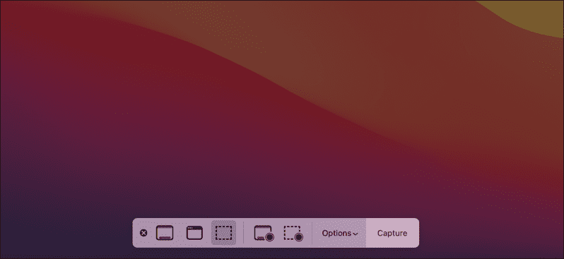 סרגל אפשרויות צילום מסך של Mac
