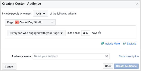 תיבת הדו-שיח 'צור קהל מותאם אישית' של פייסבוק מאפשרת לך למקד מודעות לאנשים שעסקו באתר שלך במסגרת זמן מסוימת.