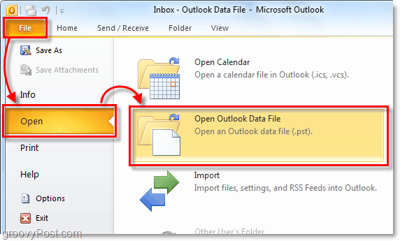 פתח את התיקיה שלך המכילה את קובץ ה- pst בארכיב שלך מ- Outlook 2010