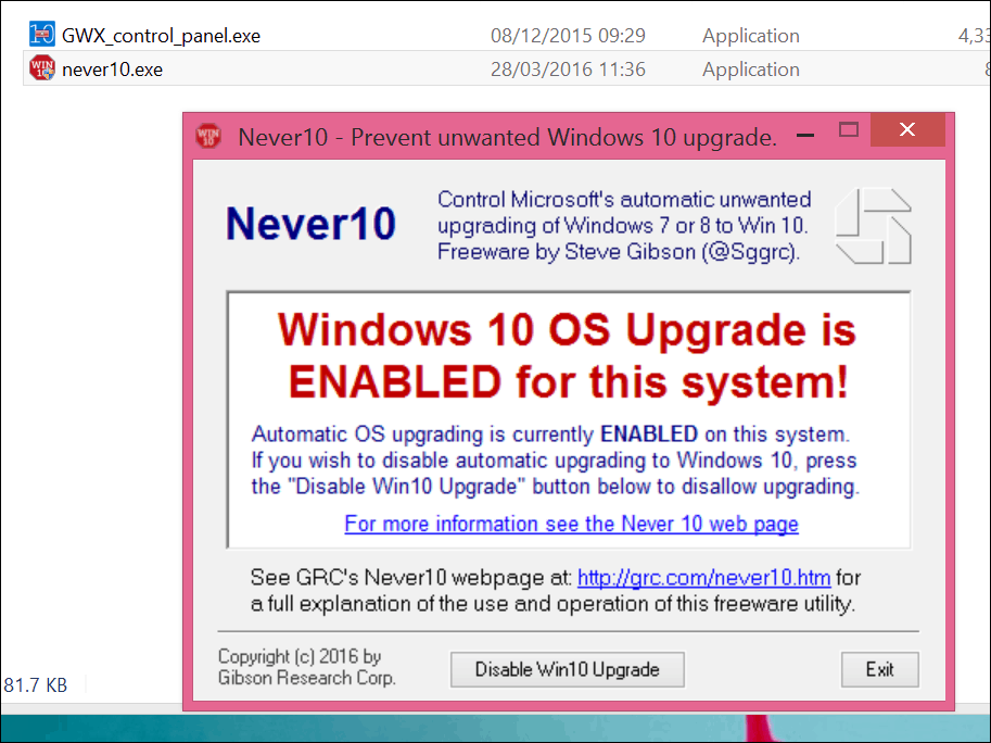 עצור את שדרוג Windows 10 עם Never 10 או את אפליקציית GWX עצמה