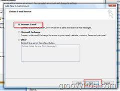 צור חשבון דואר חדש ב- Outlook 2007:: לחצן רדיו בדואר אלקטרוני באינטרנט
