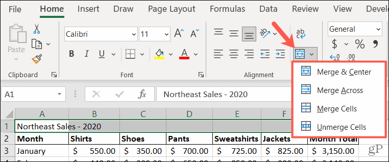 מיזוג אפשרויות ב- Excel