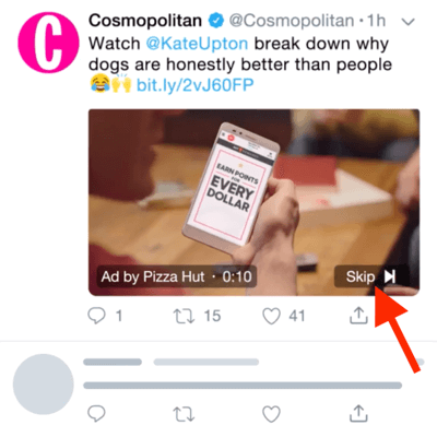 דוגמה למודעת וידאו בטוויטר עם אפשרות לדלג על המודעה לאחר 6 שניות.