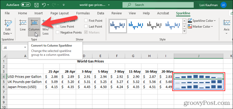 שנה את סוג Sparkline ב- Excel