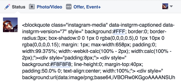 הדבק את קוד ההטבעה מהפוסט שלך ב- Instagram לעדכון סטטוס בפייסבוק.