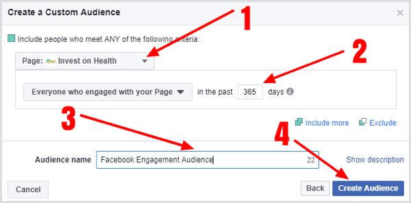 מלא את הפרטים כדי ליצור קהל מותאם אישית של עיסוק בדף הפייסבוק שלך.