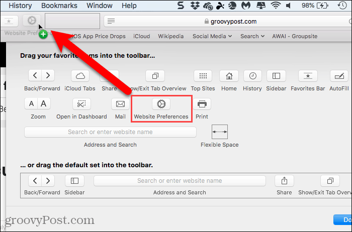 הוסף כפתור העדפות אתר לסרגל הכלים בספארי עבור Mac