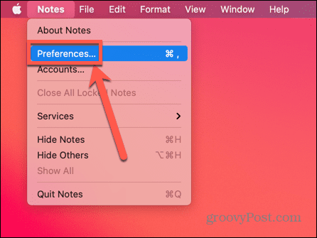 בחר העדפות ב-Notes ב-Mac