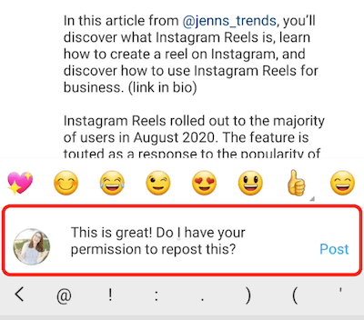 instagram post example תגובה תגובה מחמיאה ומבקשת אישור לפרסם מחדש את התוכן