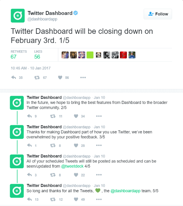 טוויטר תשבית את לוח המחוונים של טוויטר ב -3 בפברואר 2017.