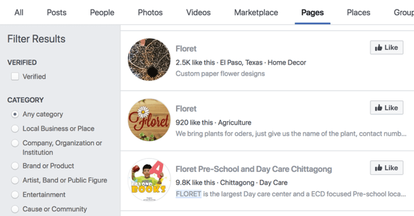תוצאות חיפוש של דפי פייסבוק עבור Floret.