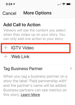 אפשרות לבחור קישור וידאו IGTV להוספה לסיפור האינסטגרם שלך.
