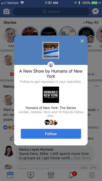 פייסבוק מתריעה על משתמשים ניידים כאשר פרקי צפייה חדשים זמינים לצפייה.