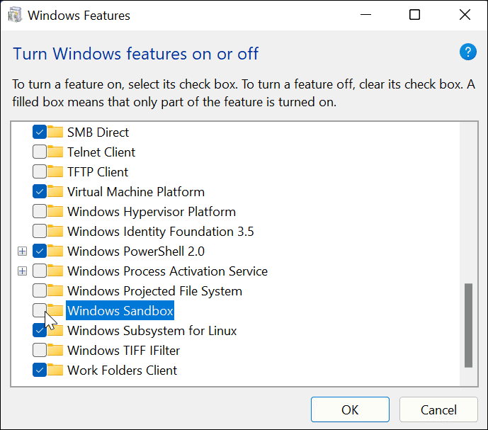 בטל את הסימון של Windows Sandbox