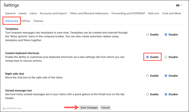 הגדרות Gmail, מתקדם, אפשר קיצורי מקשים מותאמים אישית