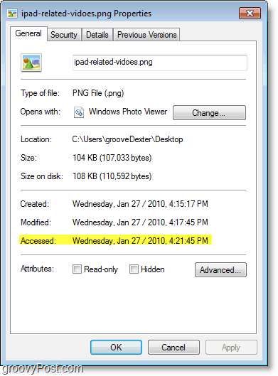 צילום מסך של Windows 7 - תאריך הגישה לא מתעדכן היטב
