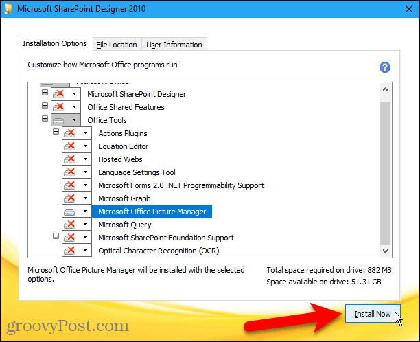 לחץ על התקן כעת כדי להתקין את מנהל התמונות של Microsoft Office מ- Sharepoint Designer 2010