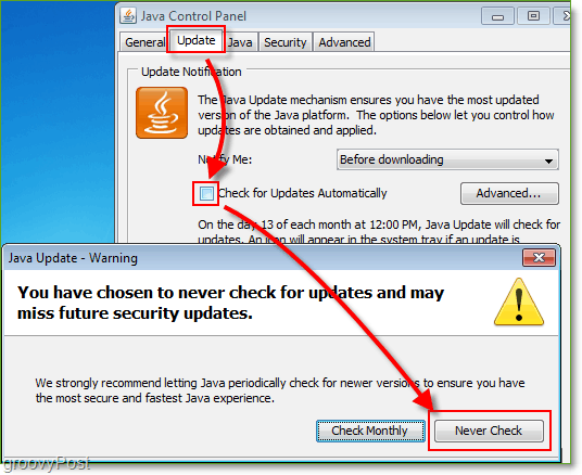 תמונת מסך: Windows 7 השבתת בדיקות עדכון Java