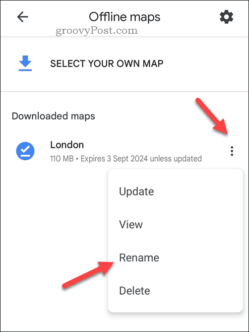 שנה שם מפה לא מקוונת של מפות Google