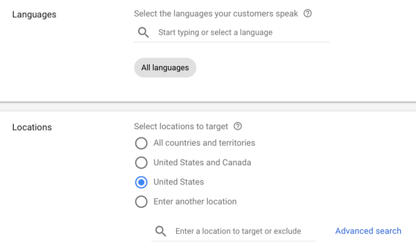 כיצד להגדיר קמפיין מודעות YouTube, שלב 12, להגדיר אפשרויות שפה ותצוגת מיקום