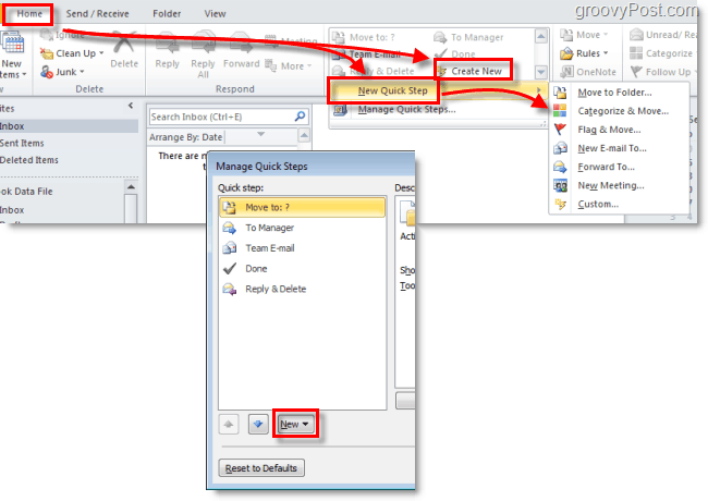 צור צעד מהיר חדש ב- Outlook 2010