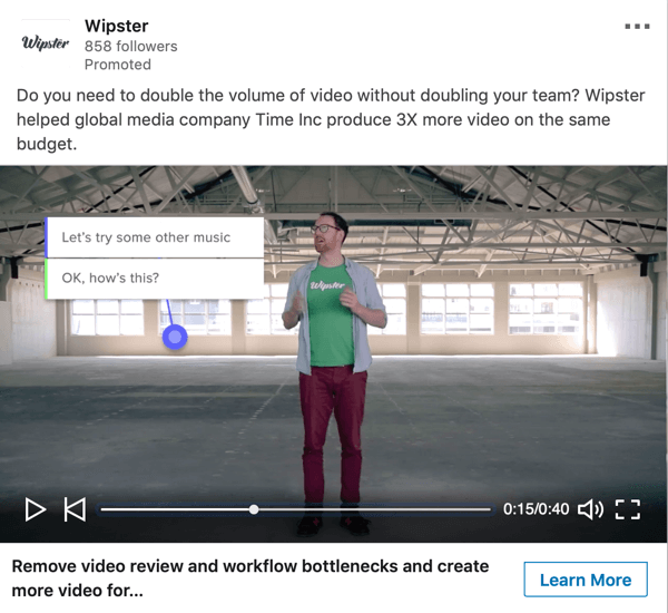 כיצד ליצור מודעות מבוססות יעד אובייקטיבי, דוגמה למודעות וידאו ממומנות על ידי Wipster