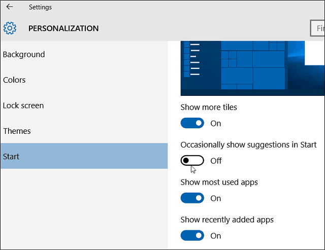 הגדרות התחלה של Windows 10