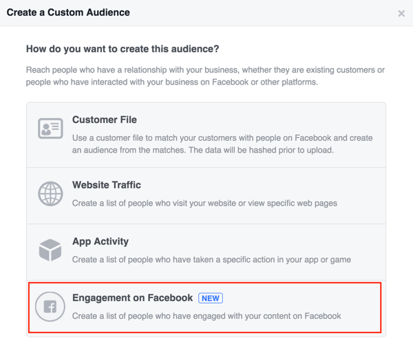 בחר Engagement בפייסבוק כדי להגדיר את הקהל המותאם אישית שלך בפייסבוק.
