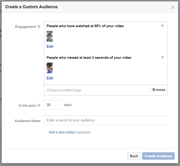 צור קהל מותאם אישית של אנשים שצפו בסרטונים שונים בדף העסקי שלך בפייסבוק.