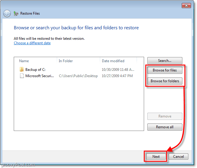 גיבוי Windows 7 - בחר אילו קבצים או תיקיות תרצו לשחזר