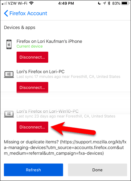 נתק מכשיר ב- Firefox ל- iOS