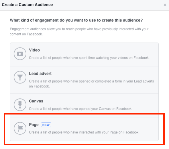 בחר עמוד כסוג ההתקשרות שברצונך להשתמש בה כדי ליצור את הקהל המותאם אישית שלך בפייסבוק.