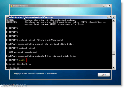 Windows 7 Native VHD התקן אתחול כפול יציאה מ- CMD