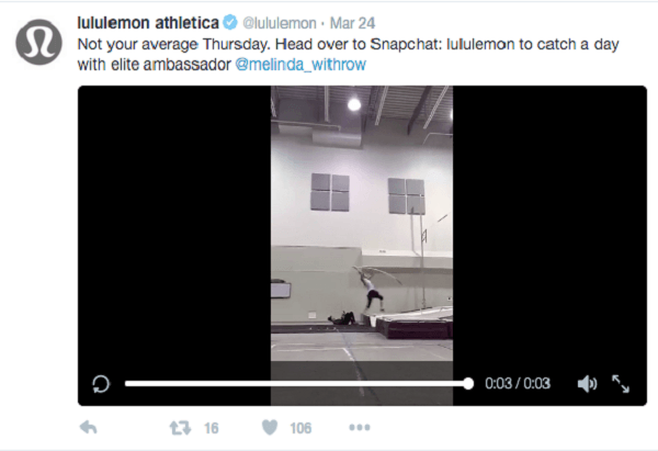 תצוגה מקדימה של סרטון snapchat של lululemon בטוויטר