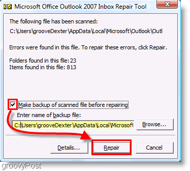 צילום מסך - תפריט תיקון ScanPST של Outlook 2007