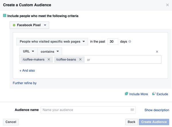 כדי ליצור את הקהל המותאם אישית שלך בפייסבוק, בחר אנשים שמבקרים בדפי אינטרנט ספציפיים והקלד את כתובות האתרים של דף הנחיתה שלך.
