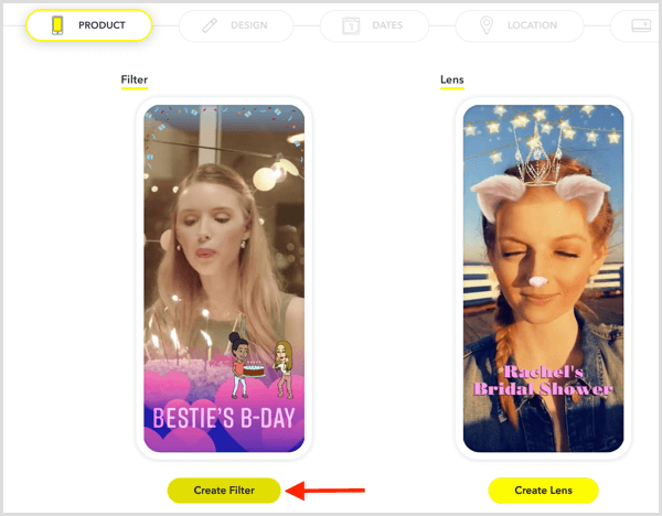 לחץ על צור מסנן כדי להגדיר סינון גיאוגרפי של Snapchat לאירוע שלך.