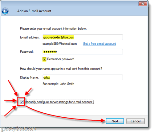 קבע את התצורה ידנית של ה- Hotmail שלך בדואר החי של Windows