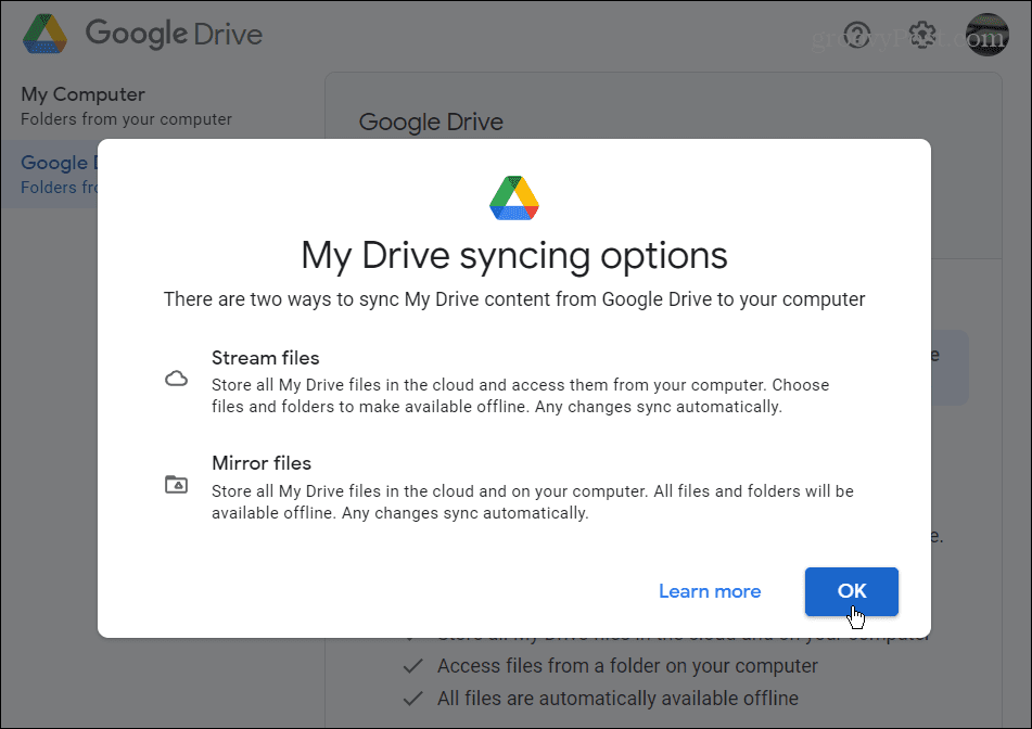 הגדרות סנכרון Google Drive