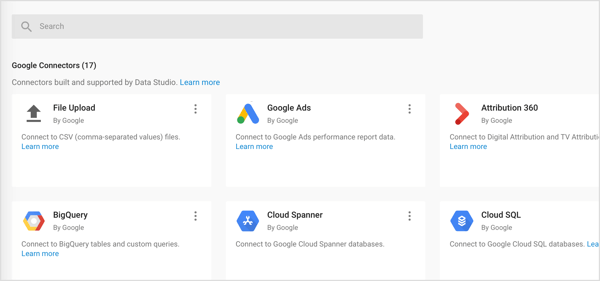 ייבא שלושה סוגים של מחברים ל- Google Data Studio: מחברי Google, מחברים לשותפים ומחברי קוד פתוח.