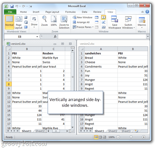 גיליון אלקטרוני של Excel של Excel זה לצד זה