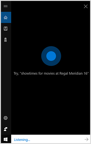 Cortana, ממשק השיחה של Windows, הוא תיבה אנכית שחורה עם נקודה כחולה במרכז. שדה לבן בתחתית מציין שמכשיר Windows מאזין.