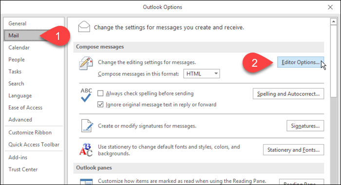 לחץ על דואר ואז על אפשרויות עורך ב- Outlook